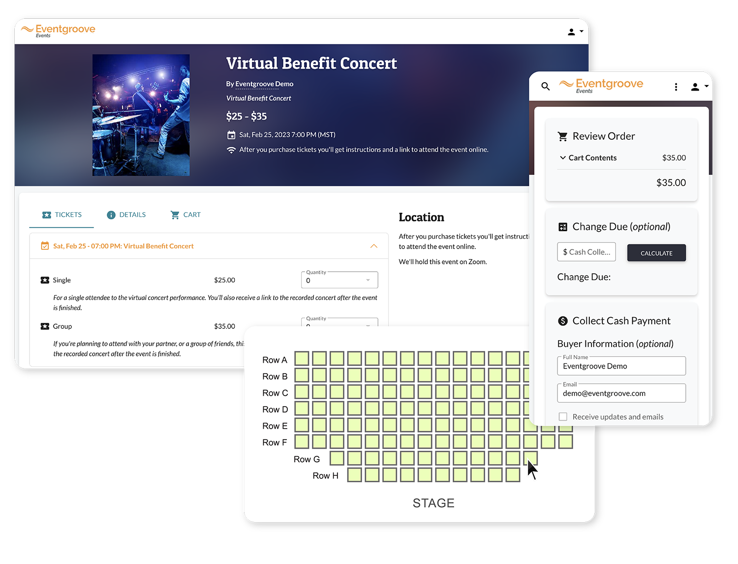 An example of an event attendee reserving seats and buying event tickets. 